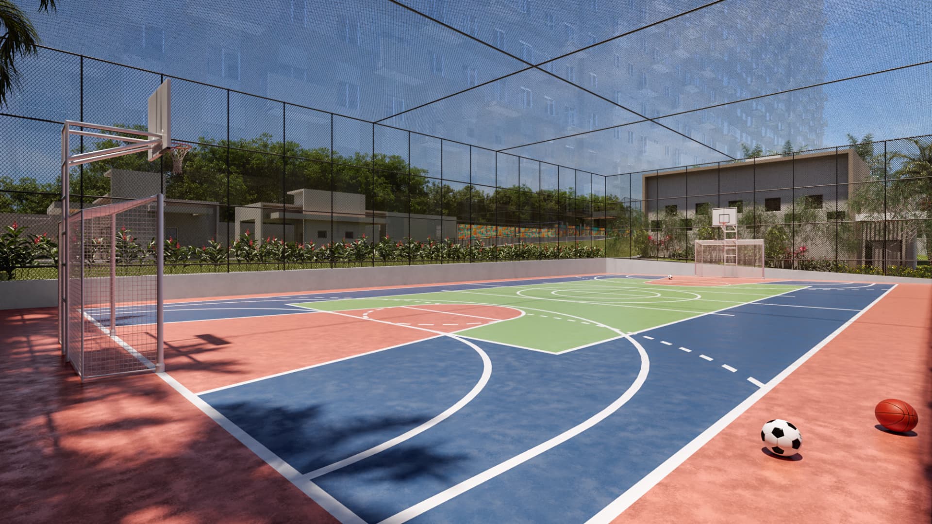 Quadra poliesportiva coberta por tela no Uni com traves e cesta de basquete
