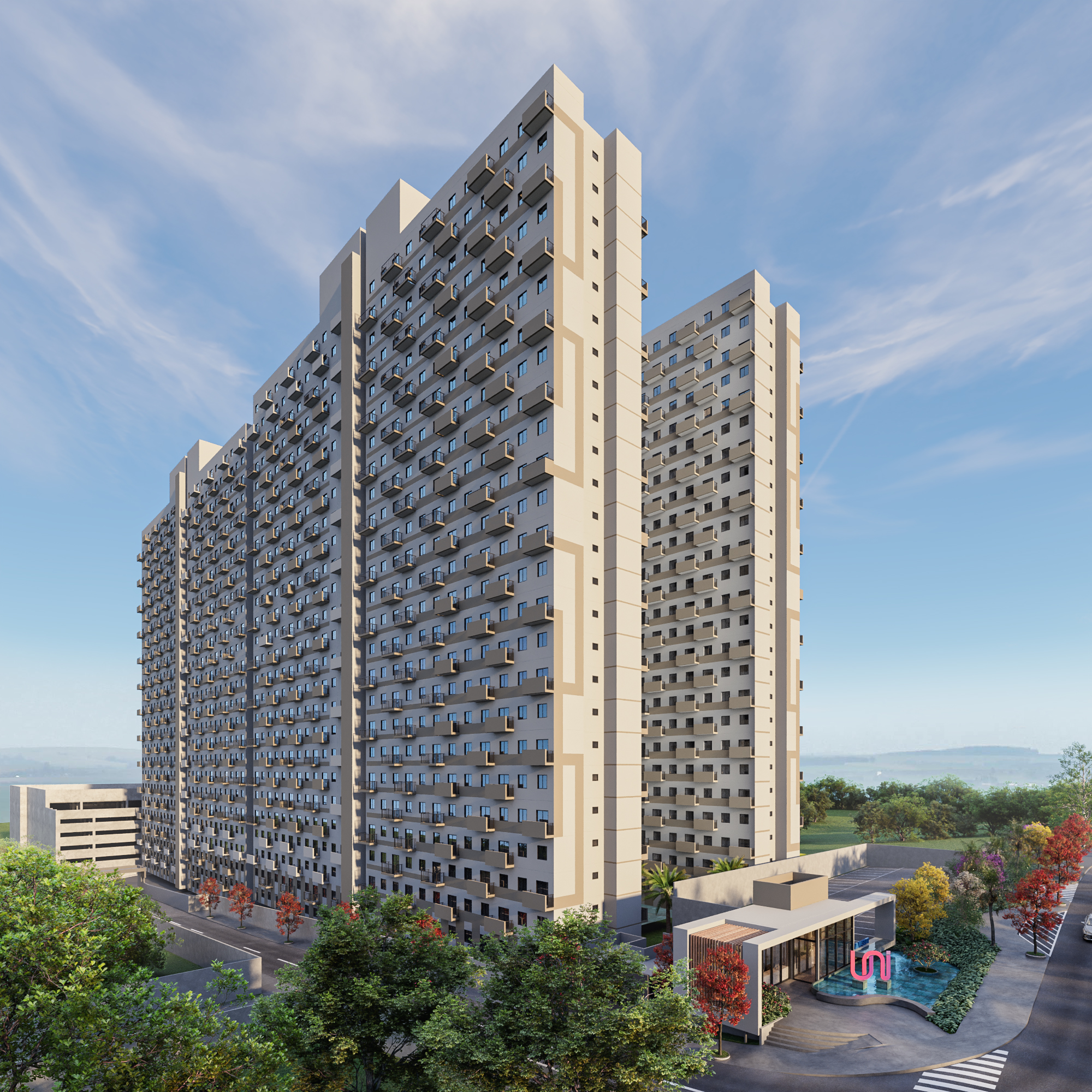 Render das quatro torres do Uni vistas da rua ao fim da tarde