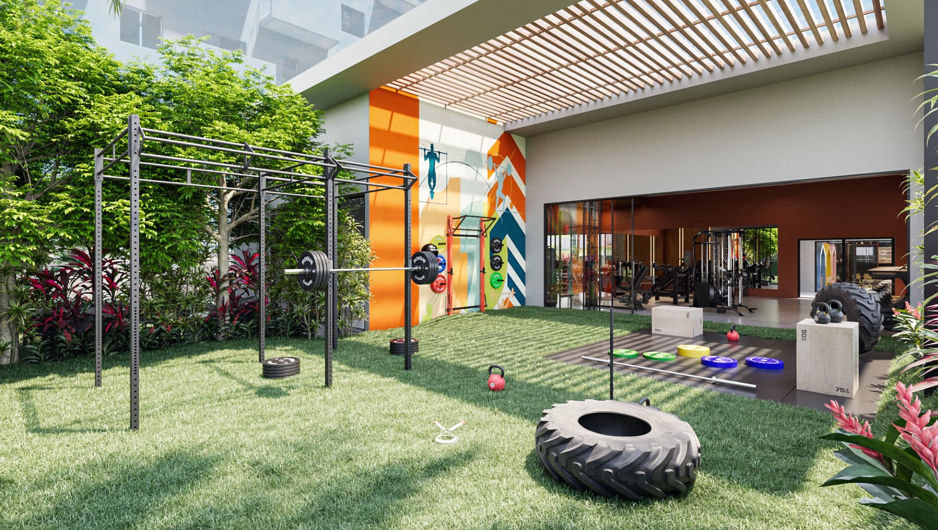 Área de crossfit ao ar livre integrada à academia equipada do Uni