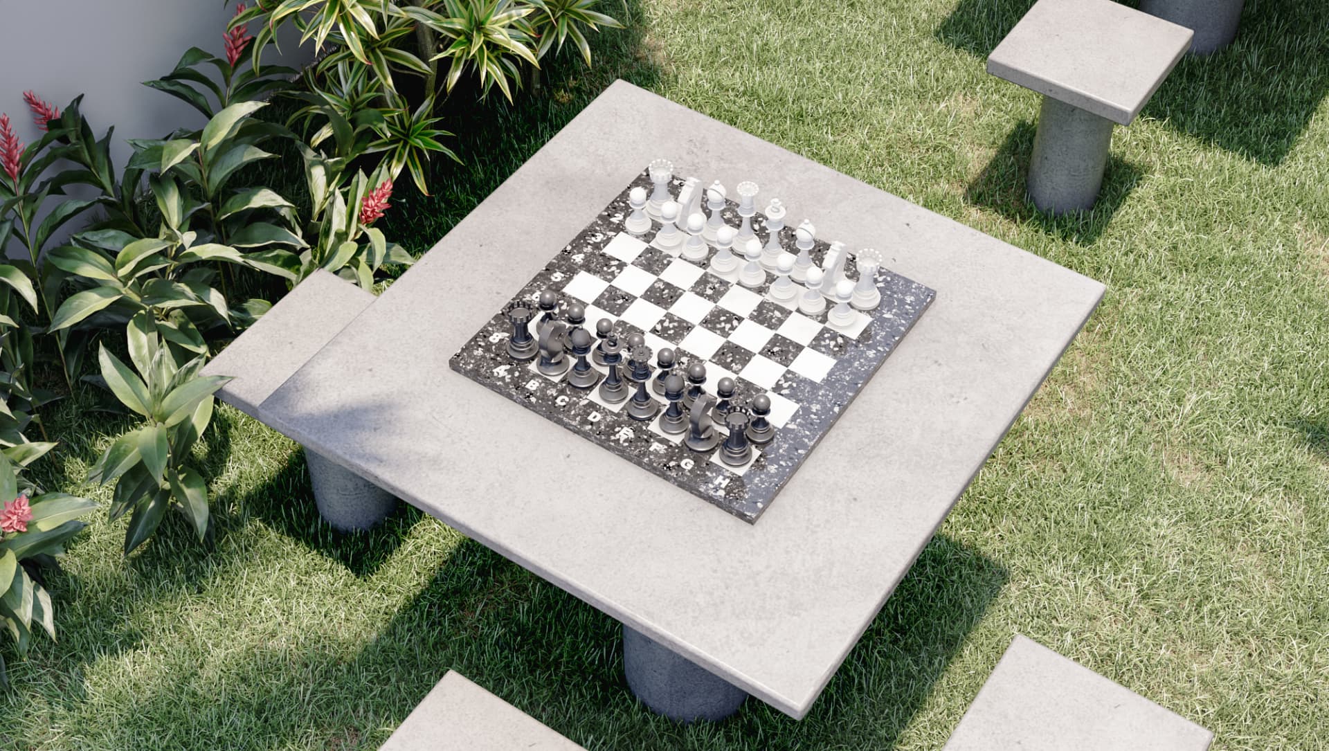 Mesa de xadrez da praça dos jogos do Uni em detalhe sobre o gramado
