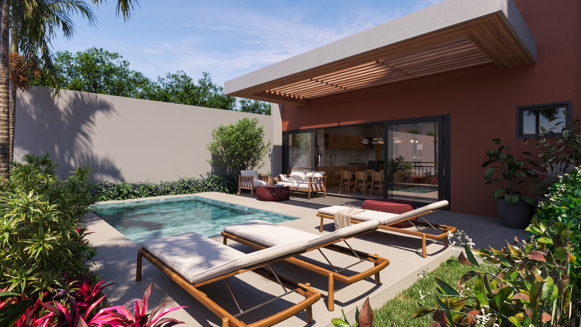 Deck da casa de campo do Uni com pergolado, piscina e jardim