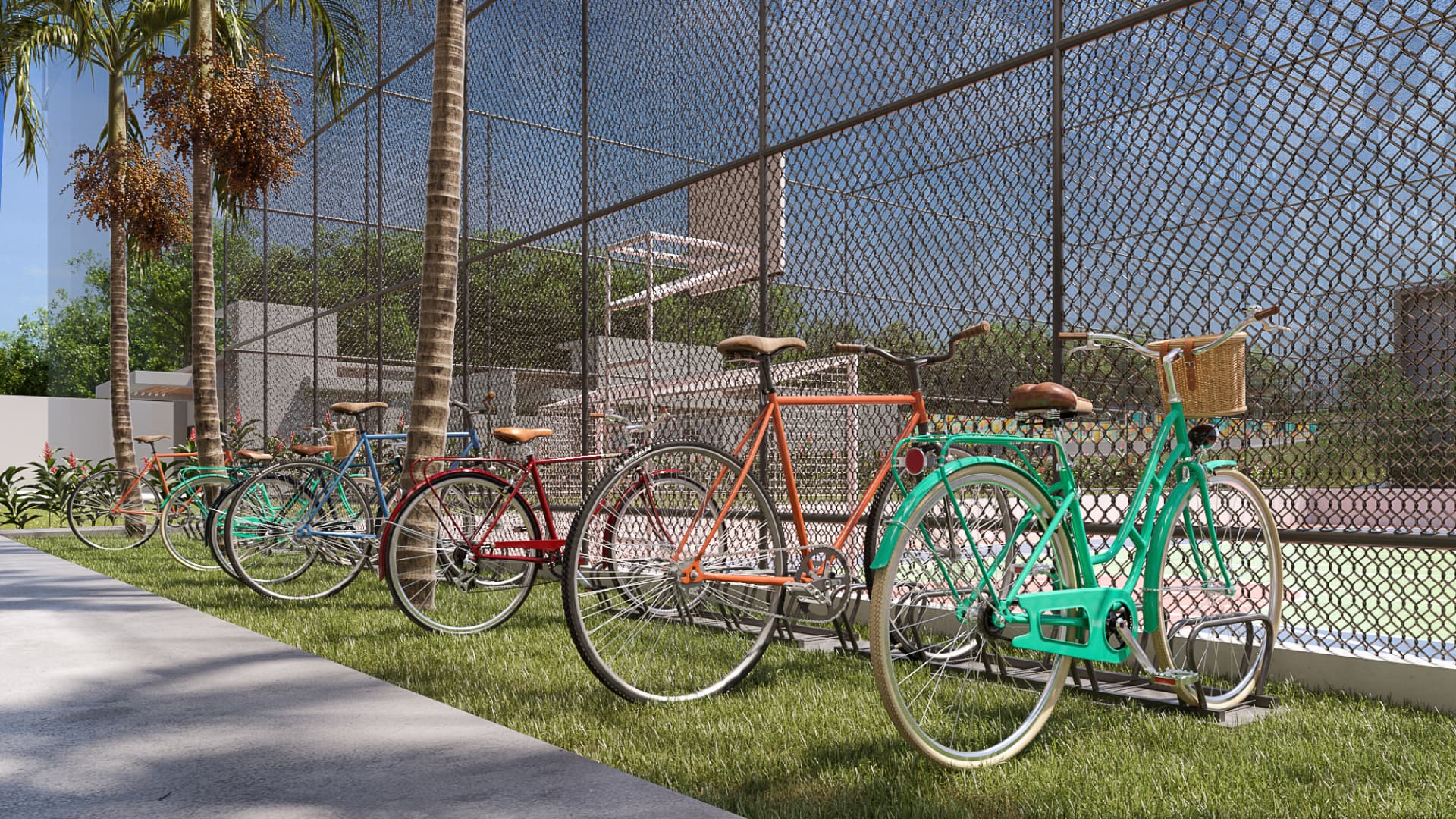 Bicicletário do Uni com bicicletas coloridas ao lado da quadra